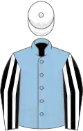 Light blue, black and white striped sleeves, white cap