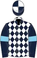 Dark blue and white diamonds, dark blue sleeves, sky blue armlets, dark blue and white quartered cap