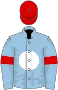 Light blue, white disc, red armlets and cap
