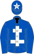 Royal blue, white cross of lorraine, royal blue cap, white star