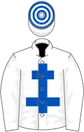 WHITE, royal blue cross of lorraine, hooped cap