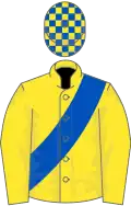 Yellow, royal blue sash, check cap