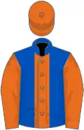 Royal blue, orange stripe, orange sleeves and cap