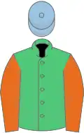 Emerald Green, Orange sleeves, Light Blue cap
