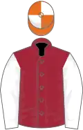 Maroon, white sleeves, orange and white quartered cap