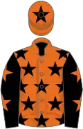 Orange, black stars, black sleeves, orange stars, orange cap, black star