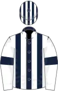 Dark blue and white stripes, white sleeves, blue armlets, striped cap
