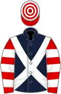 Dark blue, white cross belts, red and white hooped sleeves and cap