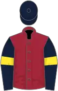 Maroon, dark blue sleeves, yellow armlets, dark blue cap