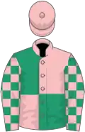 Pink and emerald green quartered, check sleeves, pink cap