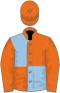 Orange and light blue (quartered), orange sleeves and cap