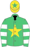 Emerald green, yellow star, green and white hooped sleeves, yellow cap, green star