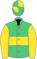 Emerald green, yellow hoop and sleeves, quartered cap