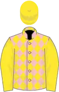 Pink and yellow diamonds, yellow sleeves and cap