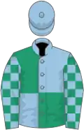 Light blue and emerald green (quartered), checked sleeves, light blue cap