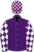 Purple, white diamonds on sleeves, purple and pink check cap