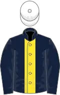 Dark blue, yellow stripe, white cap