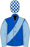 Royal blue, light blue sash and sleeves, royal blue and white check cap