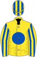 Yellow, royal blue disc, striped sleeves and cap