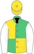 Emerald green and yellow quartered, white sleeves, yellow cap