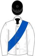 White, royal blue sash, black cap