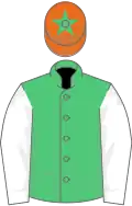 Emerald green, white sleeves, orange cap, green star