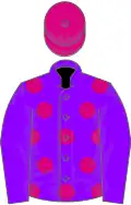 Violet, cerise spots, violet sleeves, cerise cap