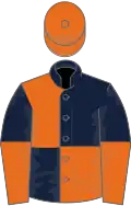Dark blue and orange quartered, halved sleeves, orange cap