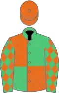 EMERALD GREEN and ORANGE QUARTERED, orange diamonds on sleeves, orange cap