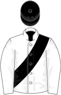 WHITE, black sash and cap