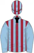 MAROON and LIGHT BLUE STRIPES, light blue sleeves, striped cap