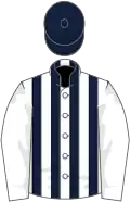 White and dark blue stripes, white sleeves, dark blue cap