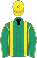 Emerald green, yellow braces, emerald green sleeves, yellow seams, yellow cap