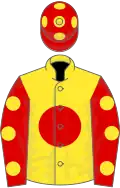 Yellow, red disc, red sleeves, yellow spots, red cap, yellow spots