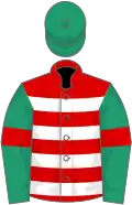 Red, white hoops, emerald green sleeves, red armlets, emerald green cap