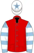 Red, light blue and white hooped sleeves, white cap, light blue star