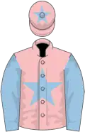 Pink, light blue star and sleeves, light blue star on cap