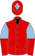 Red, Light Blue and Red halved sleeves, Red cap, Light Blue diamond
