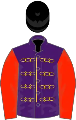 Purple, gold braid, scarlet sleeves, black velvet cap, gold fringe