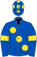 Royal blue, large yellow spots, yellow armlets and spots on cap