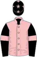 Pink, black sleeves, pink armlets and stars on black cap