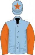 Light blue, orange sleeves and star on cap