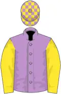 Mauve, yellow sleeves, mauve and yellow check cap