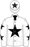 WHITE, black star, black stars on sleeves, black star on cap