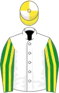 White, green and yellow striped sleeves, yellow and white quartered cap