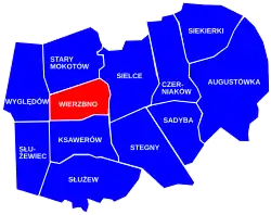Location of Wierzbno within the district of Mokotów, in accordance to the City Information System.