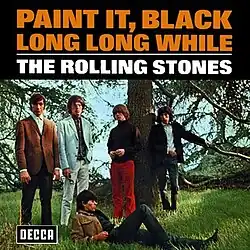 The band members are in a grassy area. The standing row has Charlie Watts, Mick Jagger, Brian Jones and Bill Wyman. Laying down in front of the others with his head resting against Mick Jagger's left leg is Keith Richards. The title of the song, "Paint It, Black", and its UK B-side, "Long Long While" are in orange text with a black background on the top of the cover. Below a white horizontal line (still with the black background) is the band name, "The Rolling Stones", in white text.