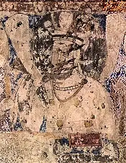 Probable King of Bamyan, in Sasanian style, in the niche of the 38 meters Buddha, next to the Sun God, Bamyan.[30][32][38]