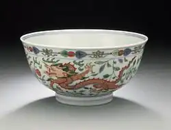 Bowl with Dragon Chasing Flaming Pearl, doucai, Kangxi reign, 1661–1722