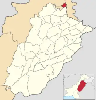 A map of The Punjab, Pakistan. The Murree district is in the far north. An inset show the location of the Punjab in eastern Pakistan.